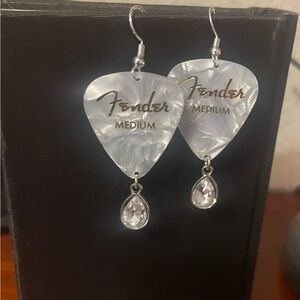 Fender White Guitar Pick Earrings with Silver Crystal Accents